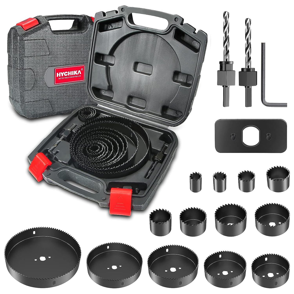 HYCHIKA - Juego de 19 sierras de agujero con 19 hojas de sierra de 3/4"-6", 13 hojas de sierra, 2 mandriles, 2 brocas, 1 placa de instalación, 1 llave hexagonal, ideal para madera blanda, madera