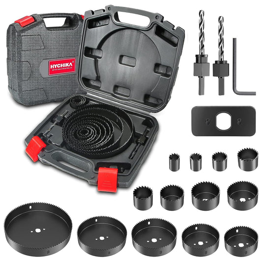 HYCHIKA - Juego de 19 sierras de agujero con 19 hojas de sierra de 3/4"-6", 13 hojas de sierra, 2 mandriles, 2 brocas, 1 placa de instalación, 1 llave hexagonal, ideal para madera blanda, madera