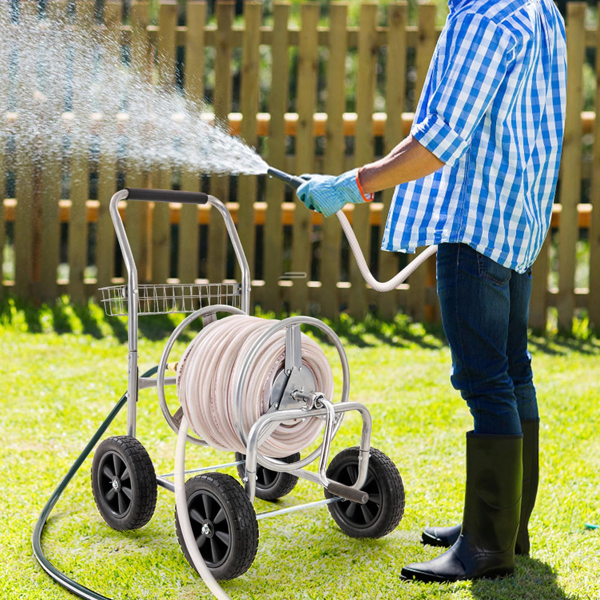 VEVOR Carrete de Manguera, soporta hasta 300 pies de Manguera de 5/8 Pulgadas, carritos de Manguera de Agua de jardín, Herramientas móviles con 4 Ruedas, Acero Recubierto de Polvo Resistente para