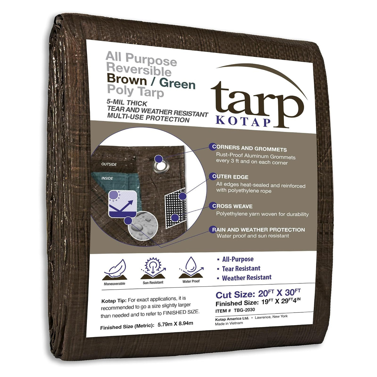 Kotap TBG-2030 Lona Protectora de Polietileno Reversible de 20' x 30' (6.10 m x 9.14 m) Café/Verde