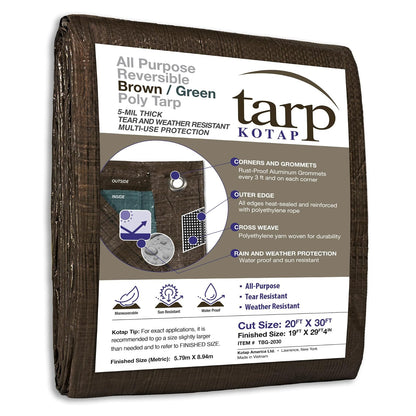 Kotap TBG-2030 Lona Protectora de Polietileno Reversible de 20' x 30' (6.10 m x 9.14 m) Café/Verde
