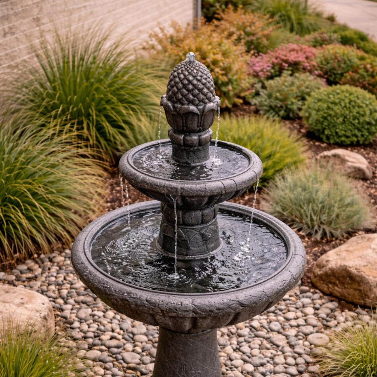 Teamson Home - Pedestal de piña de Lujo, 2 Niveles, Fuente de Cascada con Bomba para Patio al Aire última intervensión, jardín, Patio, terraza, 39 Pulgadas de Altura, Gris Hierro