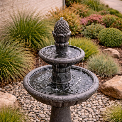 Teamson Home - Pedestal de piña de Lujo, 2 Niveles, Fuente de Cascada con Bomba para Patio al Aire última intervensión, jardín, Patio, terraza, 39 Pulgadas de Altura, Gris Hierro