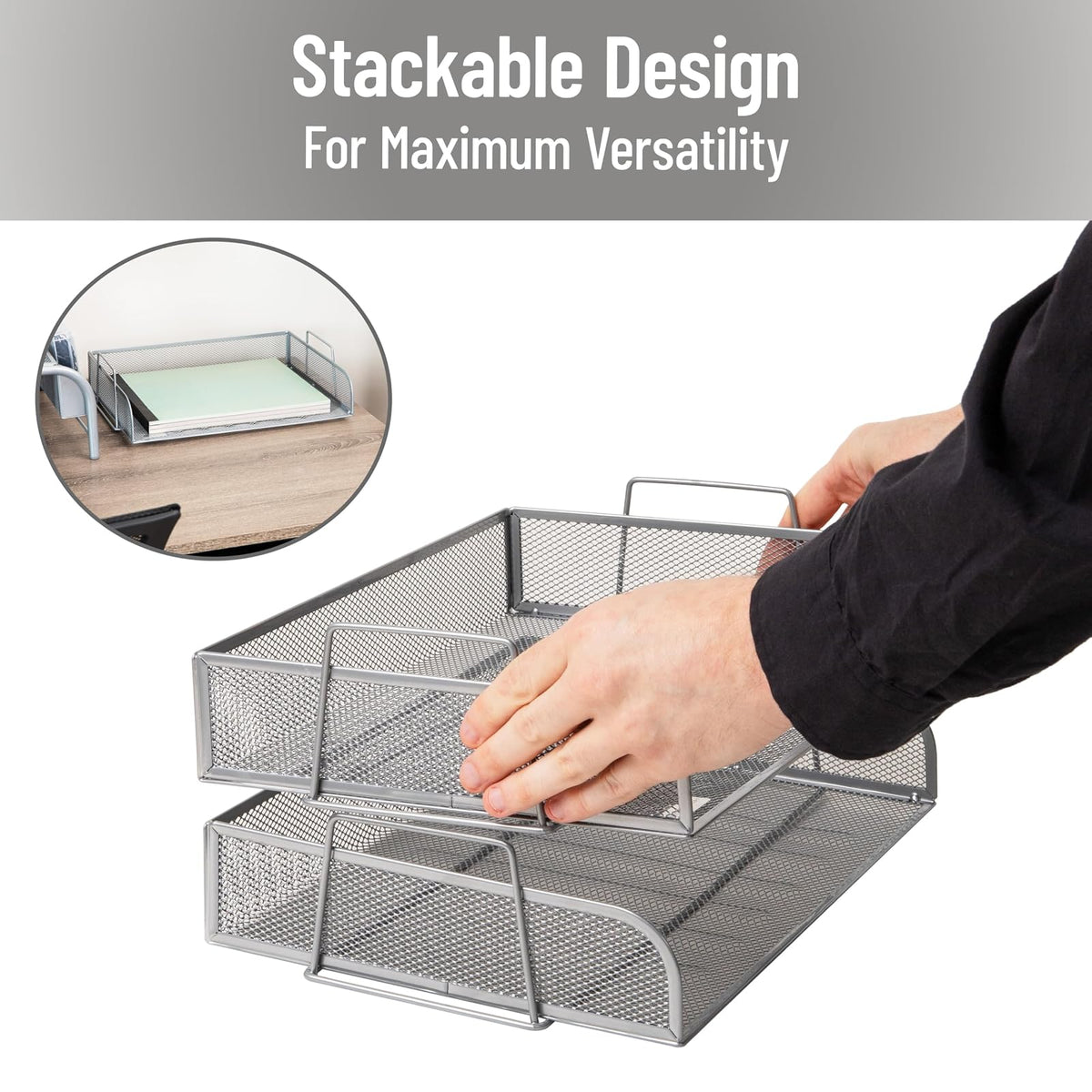 Betesh Mind Reader Stackable Paper Tray, Desktop Organizer, File Storage, Office, Metal Mesh, 14" L x 9.75" W x 6" H, 2 Pcs., Silver