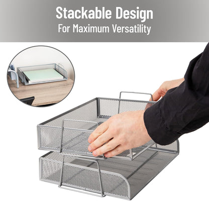 Betesh Mind Reader Stackable Paper Tray, Desktop Organizer, File Storage, Office, Metal Mesh, 14" L x 9.75" W x 6" H, 2 Pcs., Silver