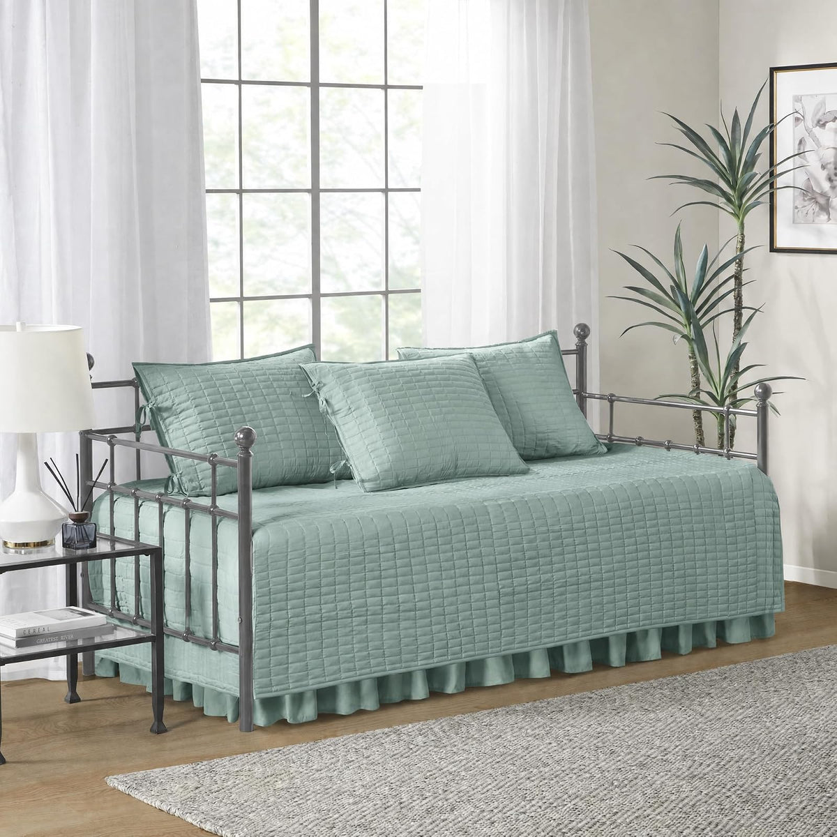 Comfort Spaces Kienna Soft Microfiber Solid Blush Stitched Pattern 5 Piece Quilt Daybed Bedding Sets 75"X39" Inches Seafoam