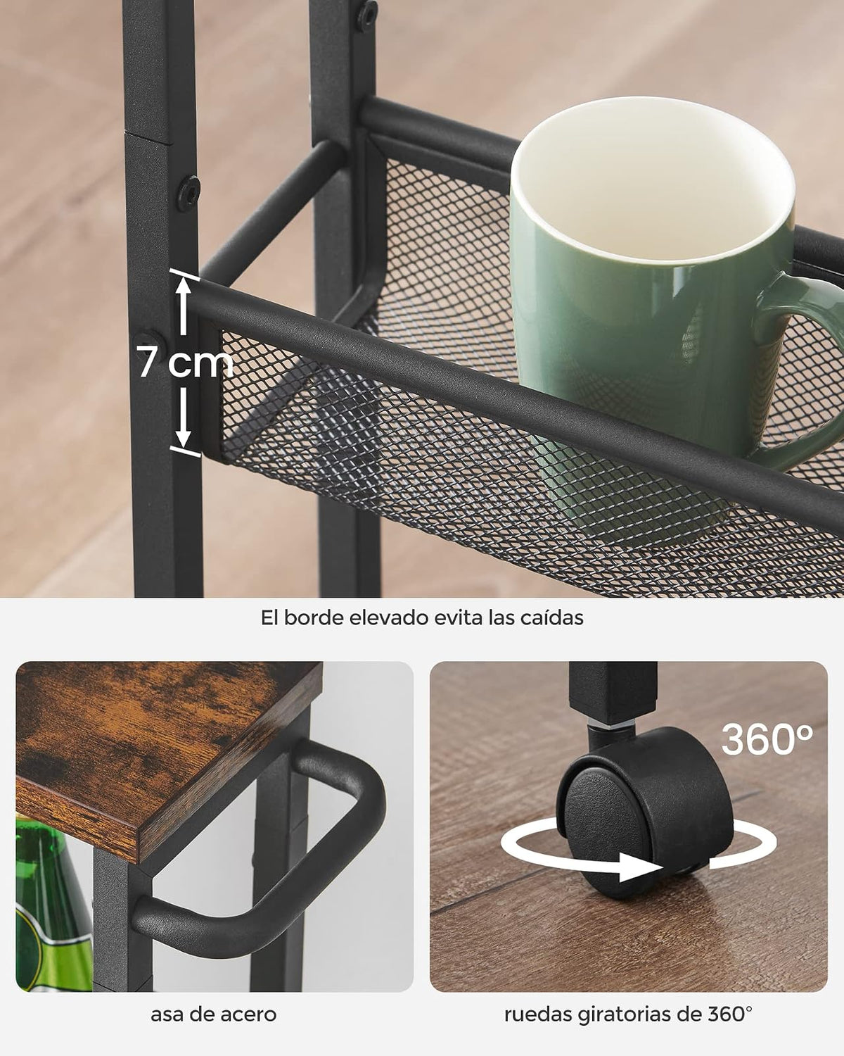 VASAGLE Carrito Organizador Slim de 4 Niveles con Ruedas y Asa, Estante Estrecho para Cocina, Baño y Oficina, 45.4x13x77 cm MLRC032B01