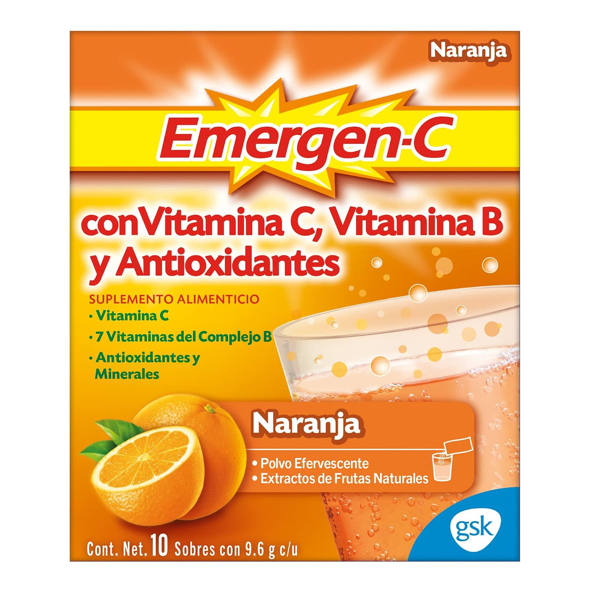 Emergen-C Suplemento Alimenticio Polvo Efervescente Sabor Naranja Caja con 10 sobres