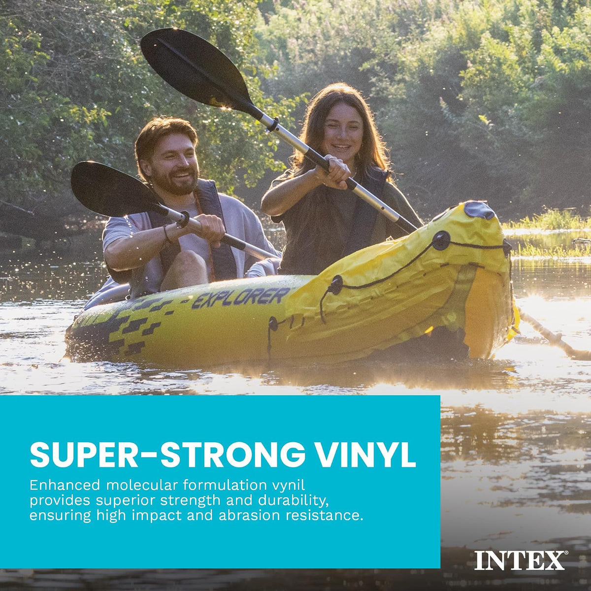 Intex 68307EP Explorer K2 Inflatable Kayak Set: Includes Deluxe 86in Aluminum Oars and High-Output Pump – SuperStrong PVC – Adjustable Seats with Backrest – 2-Person – 400lb Weight Capacity