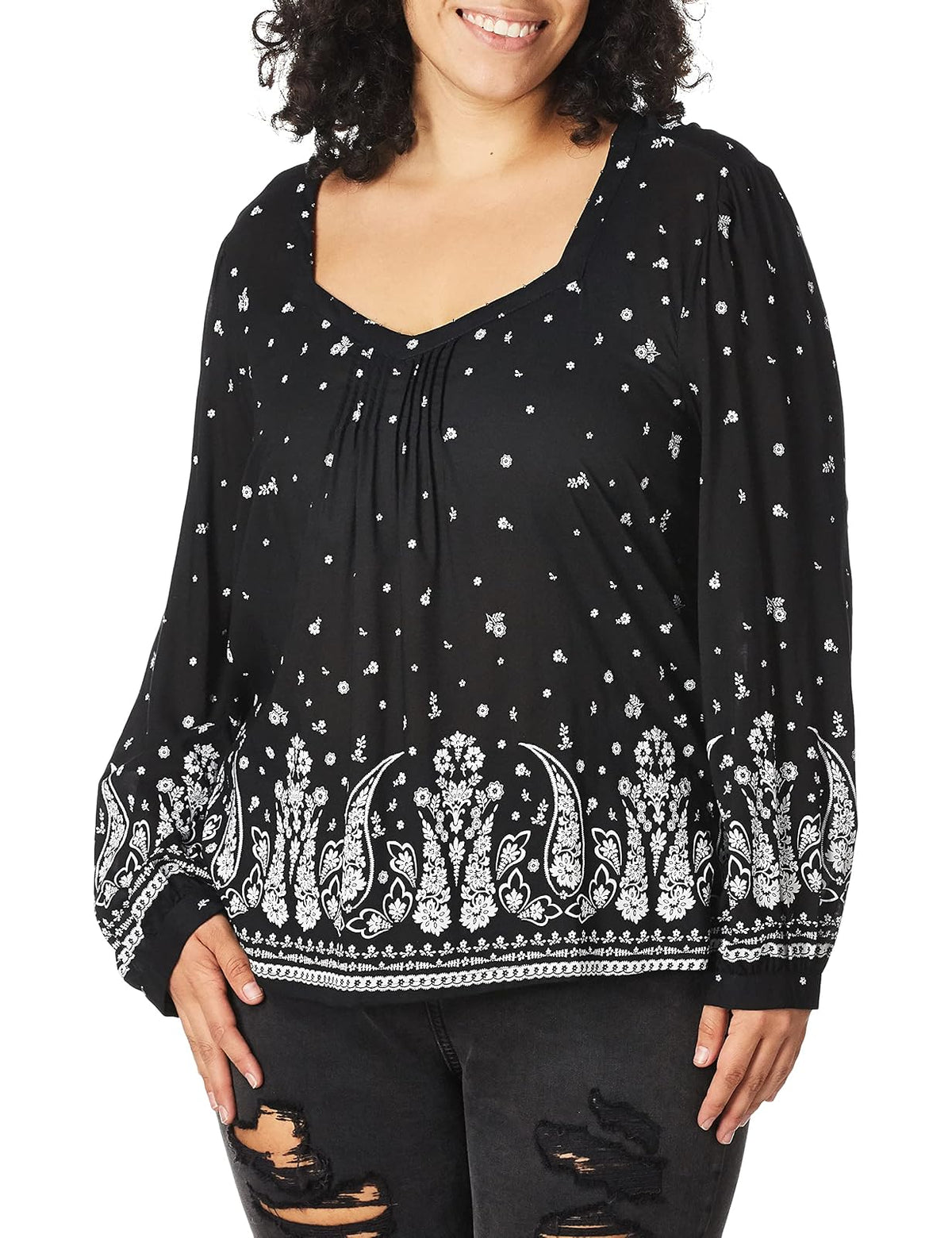 Lucky Brand Playera Campesina de Manga abullonada con Cuello en V y Estampado de Cachemira para Mujer