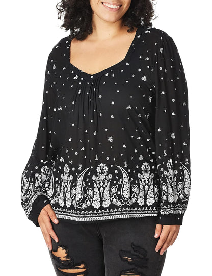Lucky Brand Playera Campesina de Manga abullonada con Cuello en V y Estampado de Cachemira para Mujer