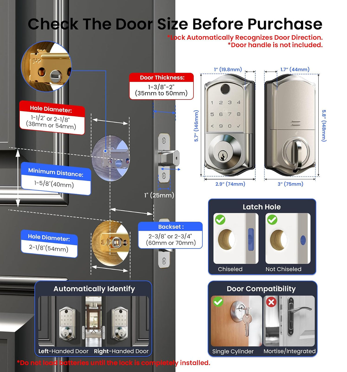 Veise VE017 - Cerradura de puerta inteligente con huellas dactilares, control de aplicación, entrada sin llave 7 en 1, bloqueo automático, puerto de alimentación de emergencia, teclado electrónico con