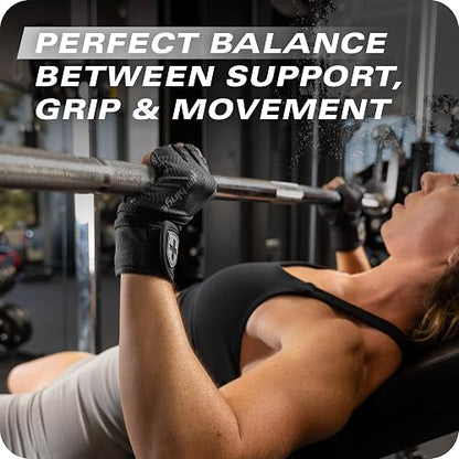 Harbinger Pro - Guantes de pulsera 3.0 - Agarre mejorado, soporte de muñeca superior, licra elástica transpirable en 4 direcciones, palma de piel duradera, diseño de medio dedo para levantamiento de