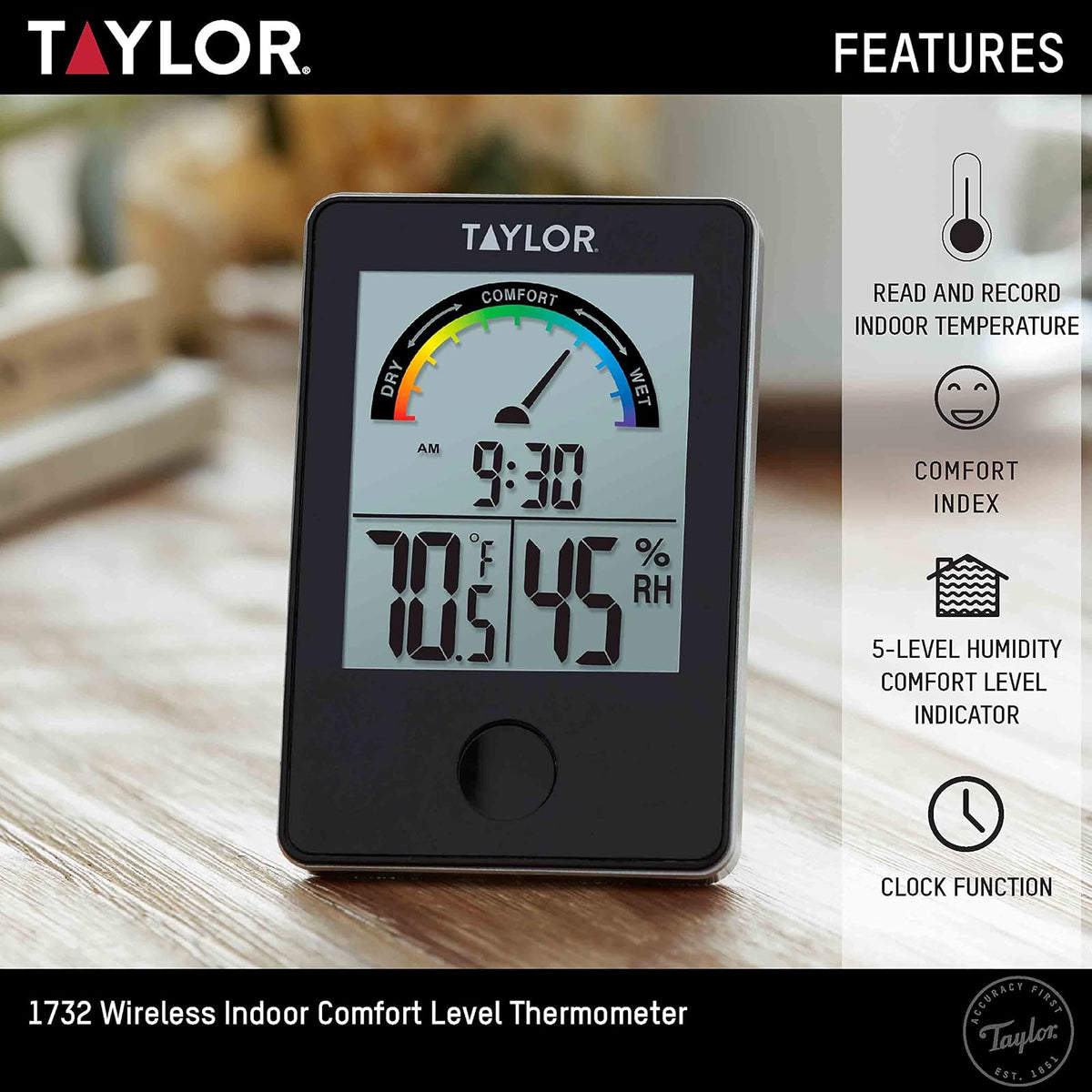 Taylor Precision Products 1732 Taylor Digital Indoor Comfort Level Thermometer and Hygrometer, Black