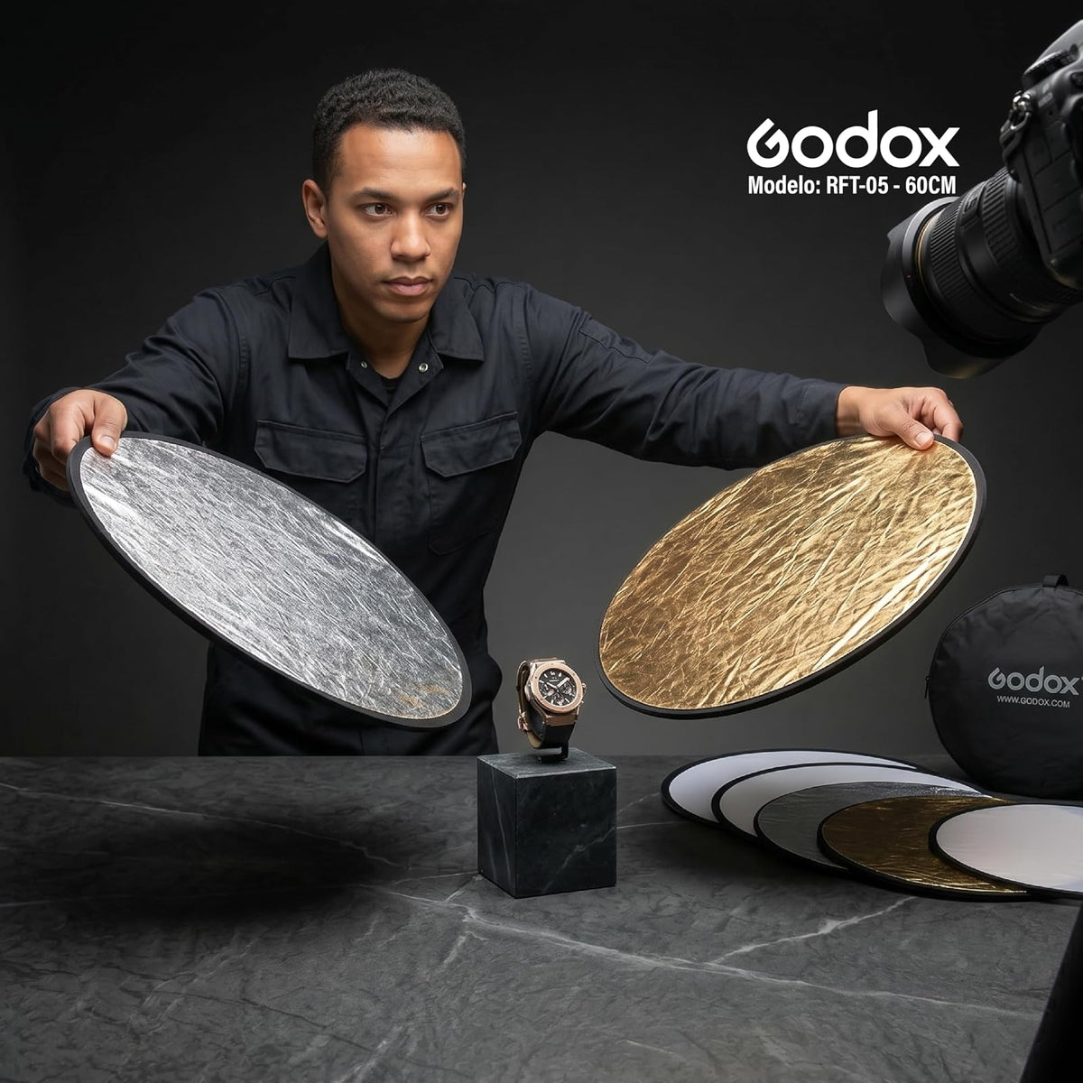 GODOX Reflector 5 en 1 de 60 cm Plegable para Fotografía, Rebotador de Luz Circular con Difusor, Superficies Oro, Plata, Blanco, Negro y Translúcido con Bolsa de Transporte