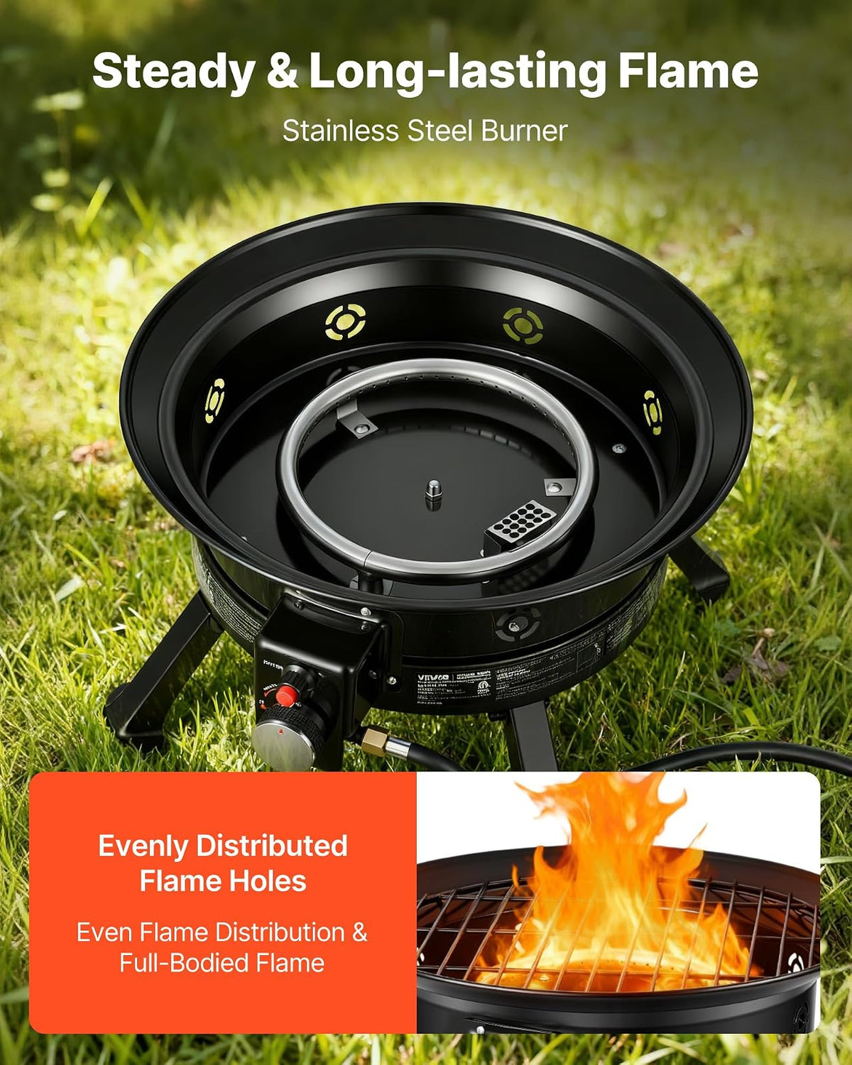 VEVOR Fogón de propano de 24 Pulgadas, fogón de Gas portátil de 53 000 BTU, con Parrilla y Rocas volcánicas, Llama Ajustable, Patas Plegables, fogón Exterior sin Humo para acampadas, Patios, Jardines