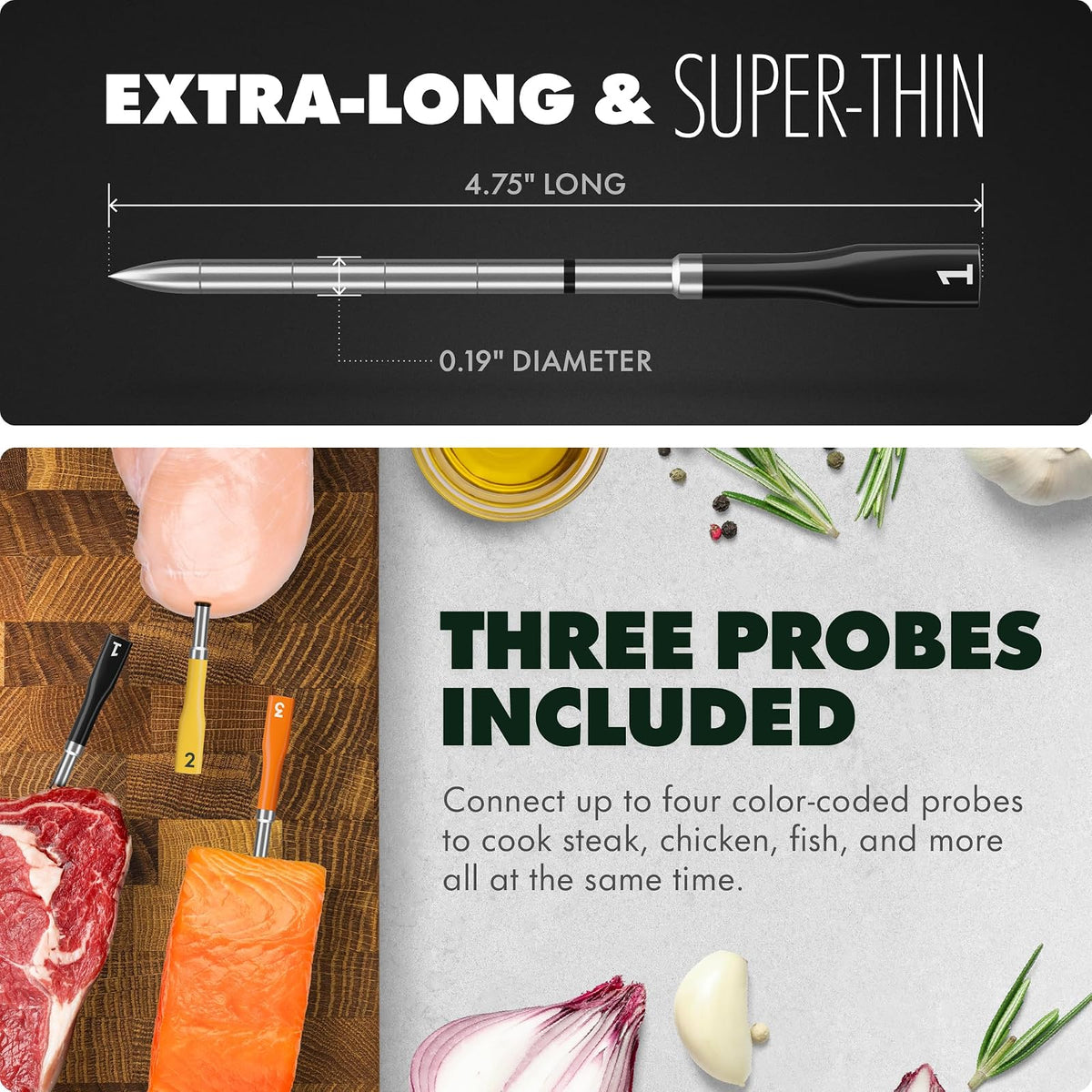 CHEF iQ Sense [modelo 2025] | Termómetro inalámbrico inteligente para carne | 3 sondas ultrafinas | Rango ilimitado WiFi | 1200 °F (1200 °F) seguro para el calor | 5 sensores | barbacoa, parrilla