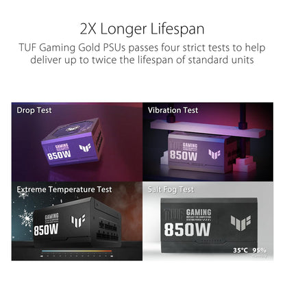 ASUS TUF Gaming 850G Fuente de Poder 80 Plus Gold Modular para PC Gamer | 850W 80 PLUS Gold, ATX 3.0, cable PCIe 5.0 16-pin 600W, totalmente modular, ventilador 135mm 0dB, componentes militares