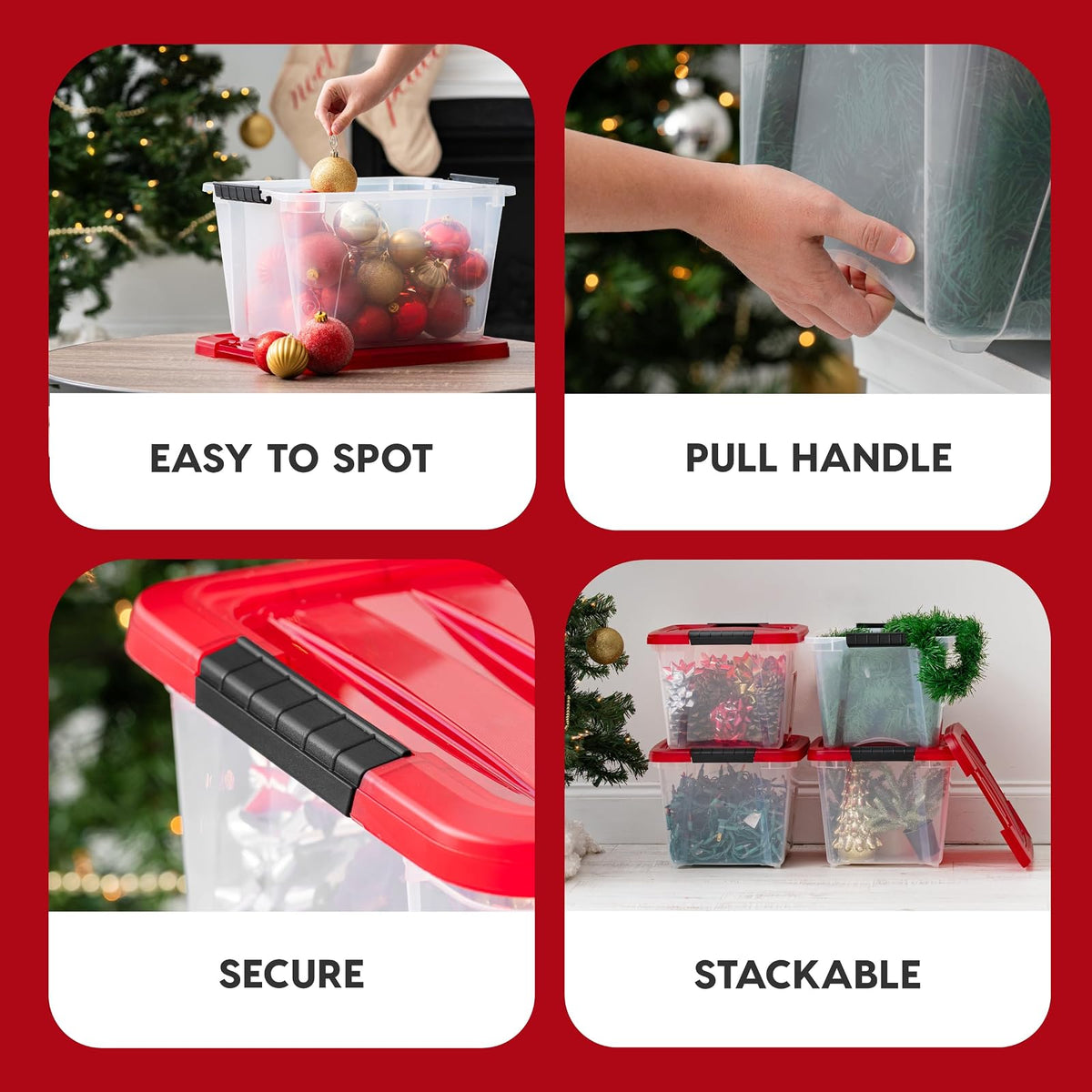 IRIS USA Paquete de 4 Contenedores Navideños de 19 Qt, Rojo | Guarda adornos, esferas, coronas, guirnaldas y decoración estacional con tapas seguras y diseño apilable