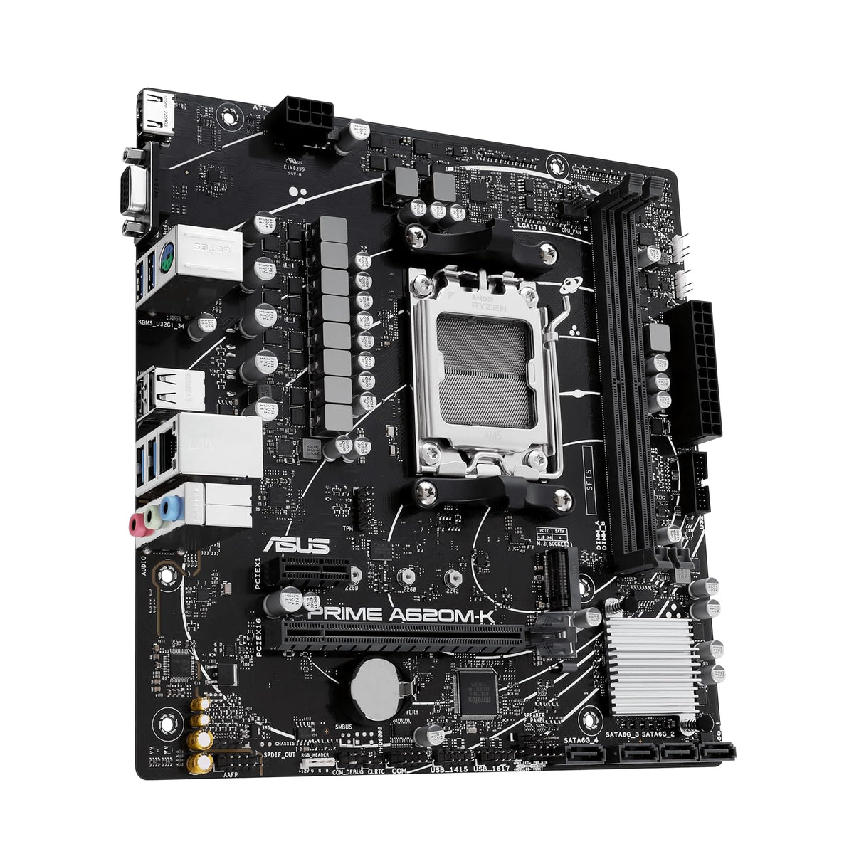 ASUS Prime A620M-K Tarjeta Madre AMD para armar tu PC de Trabajo y Estudio | mATX, AMD AM5 (Ryzen 9000/7000), DDR5 hasta 7200+ (OC) EXPO, PCIe 4.0 x16, ranura M.2 (PCIe 4.0), LAN Gigabit, 4x SATA