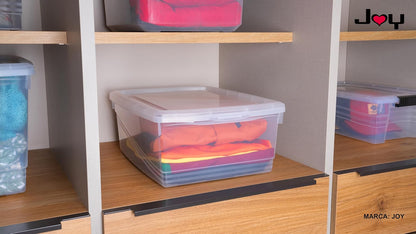 J Y Joy - Caja de Almacenamiento 21 litros, Pack de 2, para Organizar Armario, Juguetes, Ropa, con Cierre Click! y Agarraderas Reforzadas, Plástico Libre de BPA, Transparente