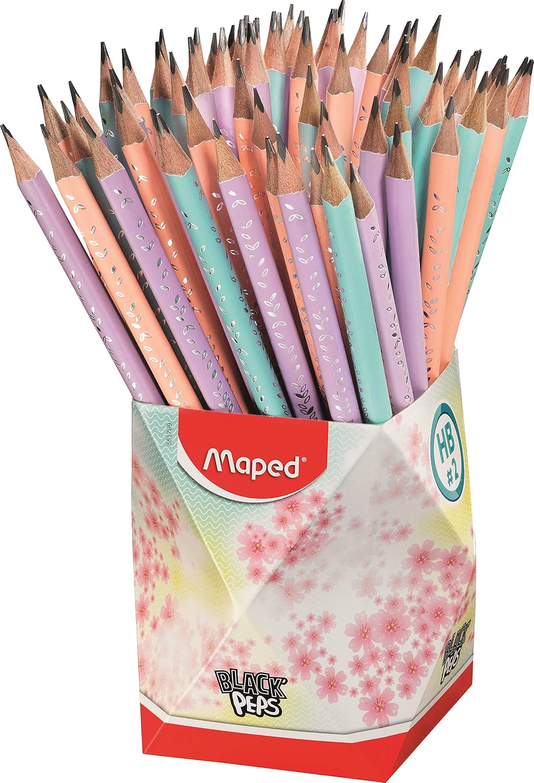 Maped HB #2 Black'Peps - Lápices de grafito pastel con borrador - Forma ergonómica - Bote con 72 lápices pastel - Menta, Rosa y Lavanda