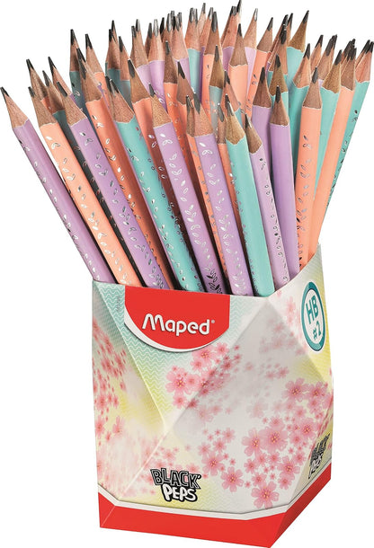 Maped HB #2 Black'Peps - Lápices de grafito pastel con borrador - Forma ergonómica - Bote con 72 lápices pastel - Menta, Rosa y Lavanda