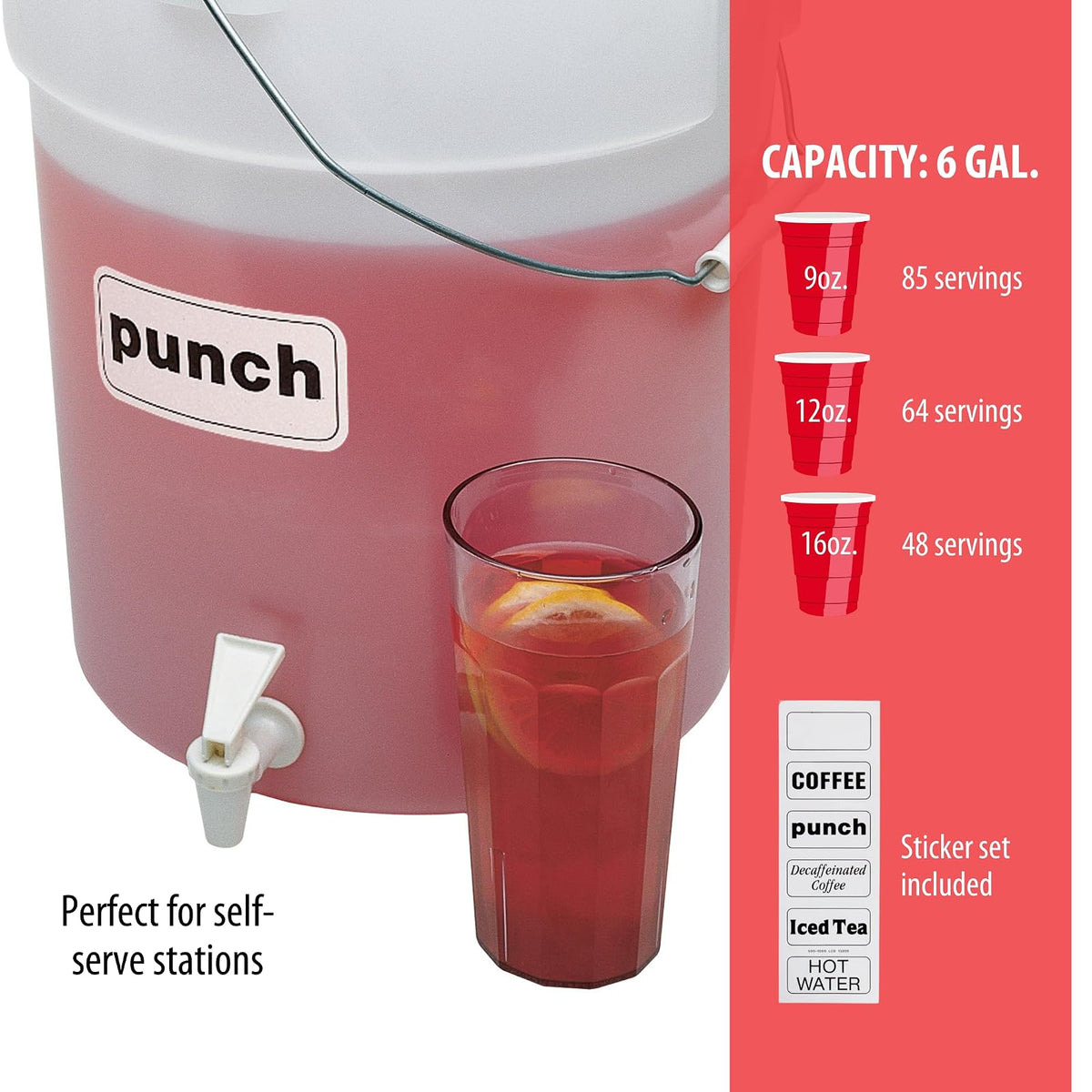 Cambro DSPR6148 Dispensador de bebidas de seis galones (22,7 l), blanco, caja de 22 cuartos de galón