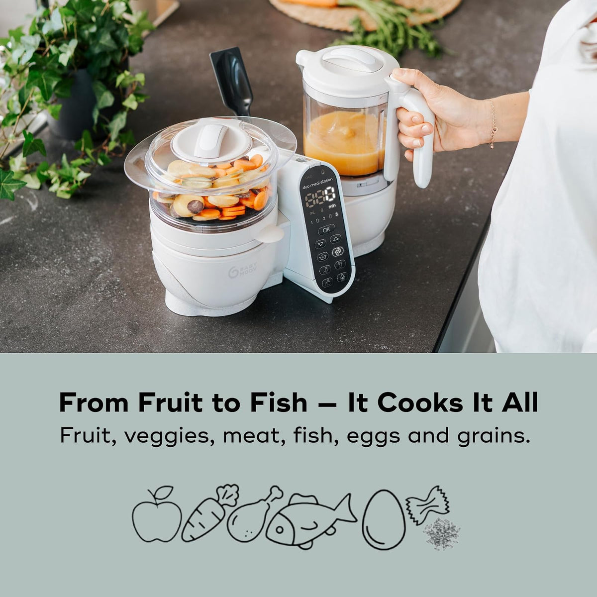 Babymoov Duo Meal Station Procesador de Alimentos para Bebé 6 en 1, Vaporera Licuadora para Papillas Caseras, Calientabiberón, Descongela, Esteriliza, Beige Mineral