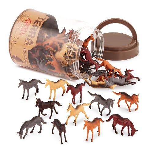 Terra by Battat Caballos en Tubo, Figuras de Caballos en Miniatura | Set de 60 caballos de juguete de plástico en distintas posturas, para dioramas o coleccionar, Caballos en tubo, 3 años y +