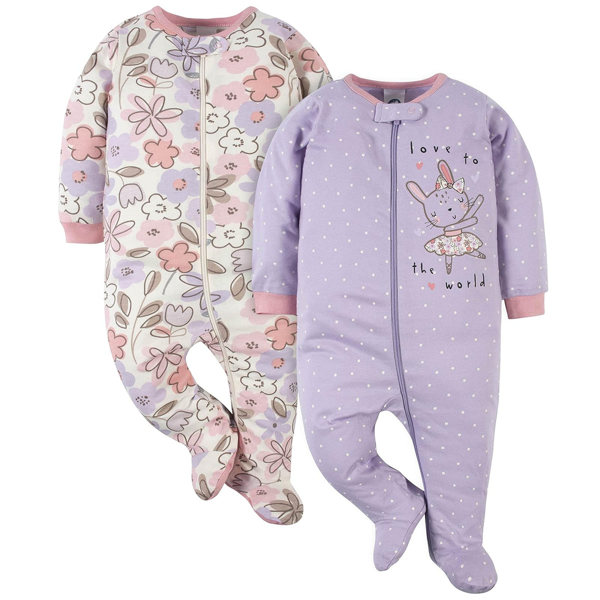 Gerber Paquete de 2 Pijamas con Pies para Bebés Niñas - Bailarinas de conejo, color morado - Prematuro