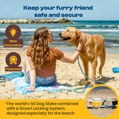 DIGGO - Estaca de Amarre para Perro para Playa Perros Grandes y Perros Pequeños | Orificio de Soporte para Sombrilla | Sistema Único de Bloqueo con Combinación Giratoria