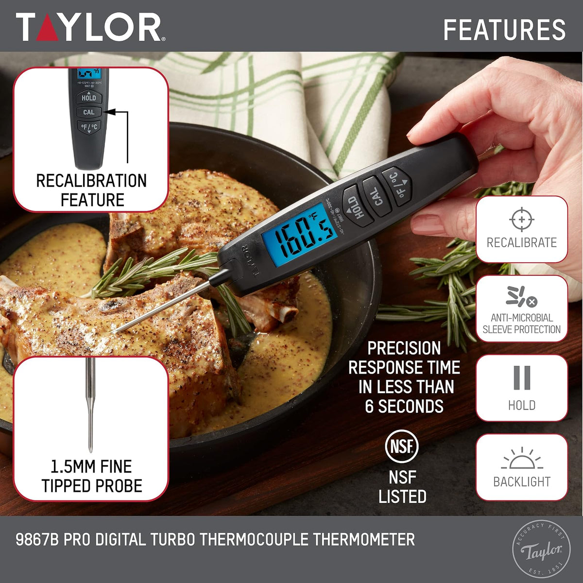 Taylor Termómetro digital Turbo de lectura instantánea para carne, alimentos, parrilla, barbacoa, cocina, sonda plegable, color negro
