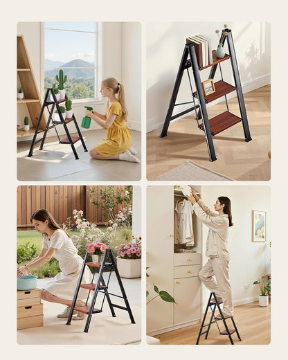 VEVOR Escalera Plegable 3 Peldaños, Escalera de Tijera con Pedal Ancho Antideslizante y Empuñadura Cómoda, Capacidad de 150 kg, Taburete Multifuncional para Cocina, Hogar, Plantas, Reparaciones