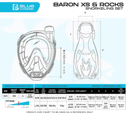 Cressi Junior Snorkeling Kit for Kids Aged 5 to 15 - Full Face Mask + Adjustable Fins + Lightweight Colorful Equipment - Baron Jr & Rocks Set: Made in Italy