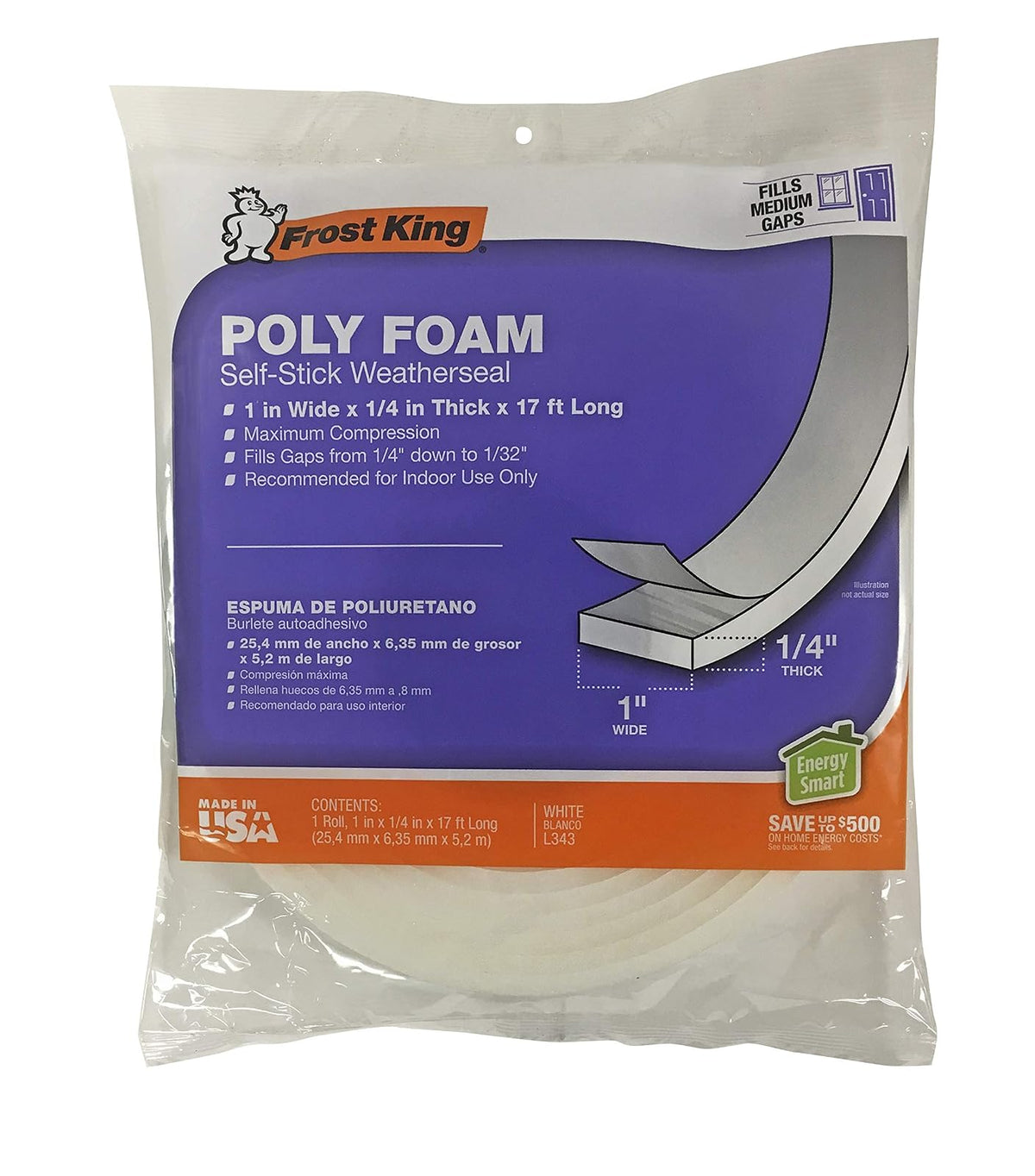 Frost King L343 Poly Foam Tape-Open Cell-Maximum Compression, L343-1, 17ft L, White-1/4 Thick, 1" W, 1/4" T, White - 1" W, 1 - 4" T - Blanco