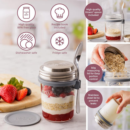 KILNER | Tarro para Desayuno 300 ml (0.3 L), Frasco de Vidrio con Tapa, Ideal para Avena Overnight, Yogurt y Almacenamiento de Alimentos Vidrio | Reutilizables | Mod. KLN25304