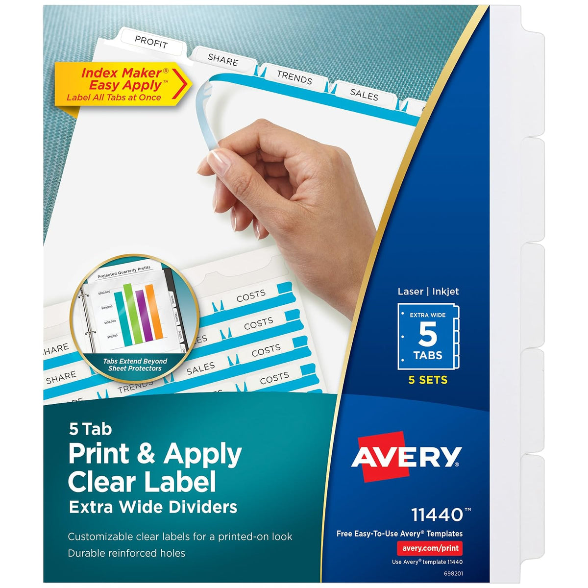 Avery 11440 Divisores de carpeta extra anchos de 5 pestañas, tira de etiquetas transparente fácil de imprimir y aplicar, fabricante de índices, blanco, 5 juegos