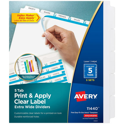 Avery 11440 Divisores de carpeta extra anchos de 5 pestañas, tira de etiquetas transparente fácil de imprimir y aplicar, fabricante de índices, blanco, 5 juegos