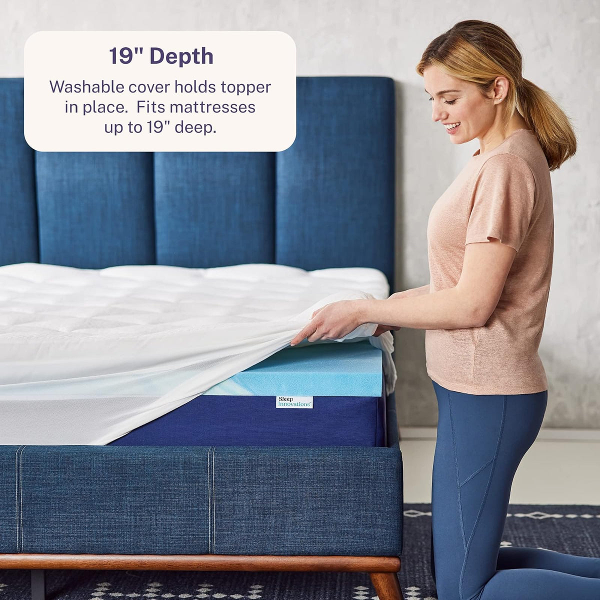 Sleep Innovations - Cubrecolchón de Doble Capa de Espuma viscoelástica de Gel refrescante, 4 Pulgadas, tamaño matrimonial, Funda Superior de Almohada