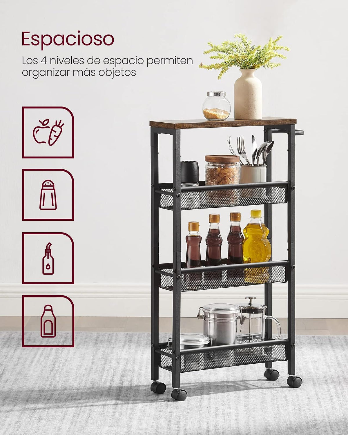 VASAGLE Carrito Organizador Slim de 4 Niveles con Ruedas y Asa, Estante Estrecho para Cocina, Baño y Oficina, 45.4x13x77 cm MLRC032B01