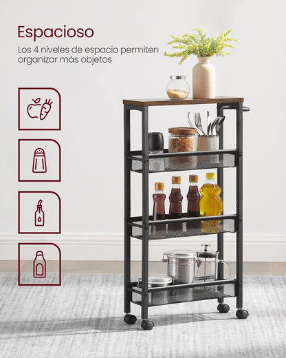 VASAGLE Carrito Organizador Slim de 4 Niveles con Ruedas y Asa, Estante Estrecho para Cocina, Baño y Oficina, 45.4x13x77 cm MLRC032B01