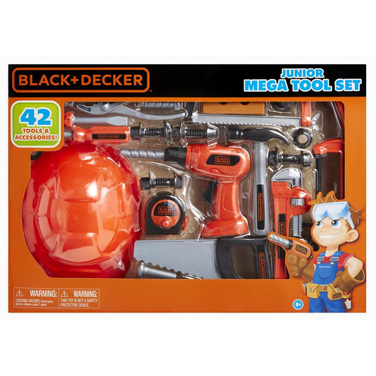 Black + Decker Junior Kids Tool Set - Mega Tool Set with 42 Tools & Accessories! Role Play Tools for Toddlers Boys & Girls Ages 3 Years Old and Above, Includes Helmet!
