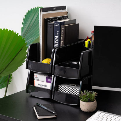 IRIS USA Paquete de 8 Contenedores Grandes Apilables, Negro | Organiza piezas pequeñas, ferretería, manualidades, despensa y artículos del hogar con acceso frontal y cajas apilables