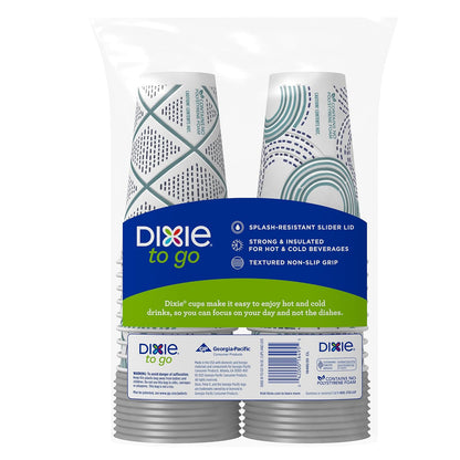 Dixie To Go - Tazas de bebidas calientes y tapas deslizantes, 16 onzas, 108 unidades, diseños surtidos, tazas de café de papel desechables y tapas deslizantes (6 paquetes de 18 tazas y tapas)