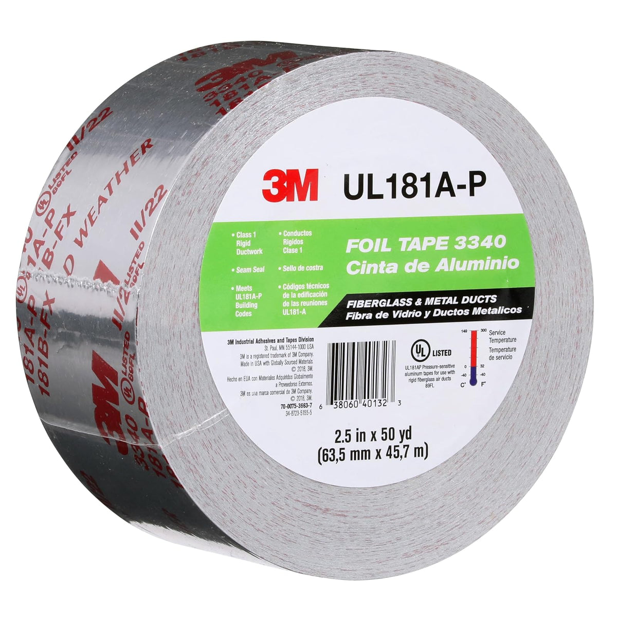3M Cinta de Aluminio 3340 2.5" x 50 yd, Sellado HVAC Conductos