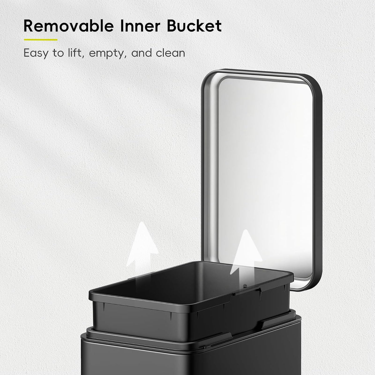 EKO - Bote de basura pequeño para baño con tapa, cierre suave, pedal de paso, cubeta de basura de acero inoxidable de 10 litros/2.6 galones con cubeta interior extraíble, acabado antihuellas (negro