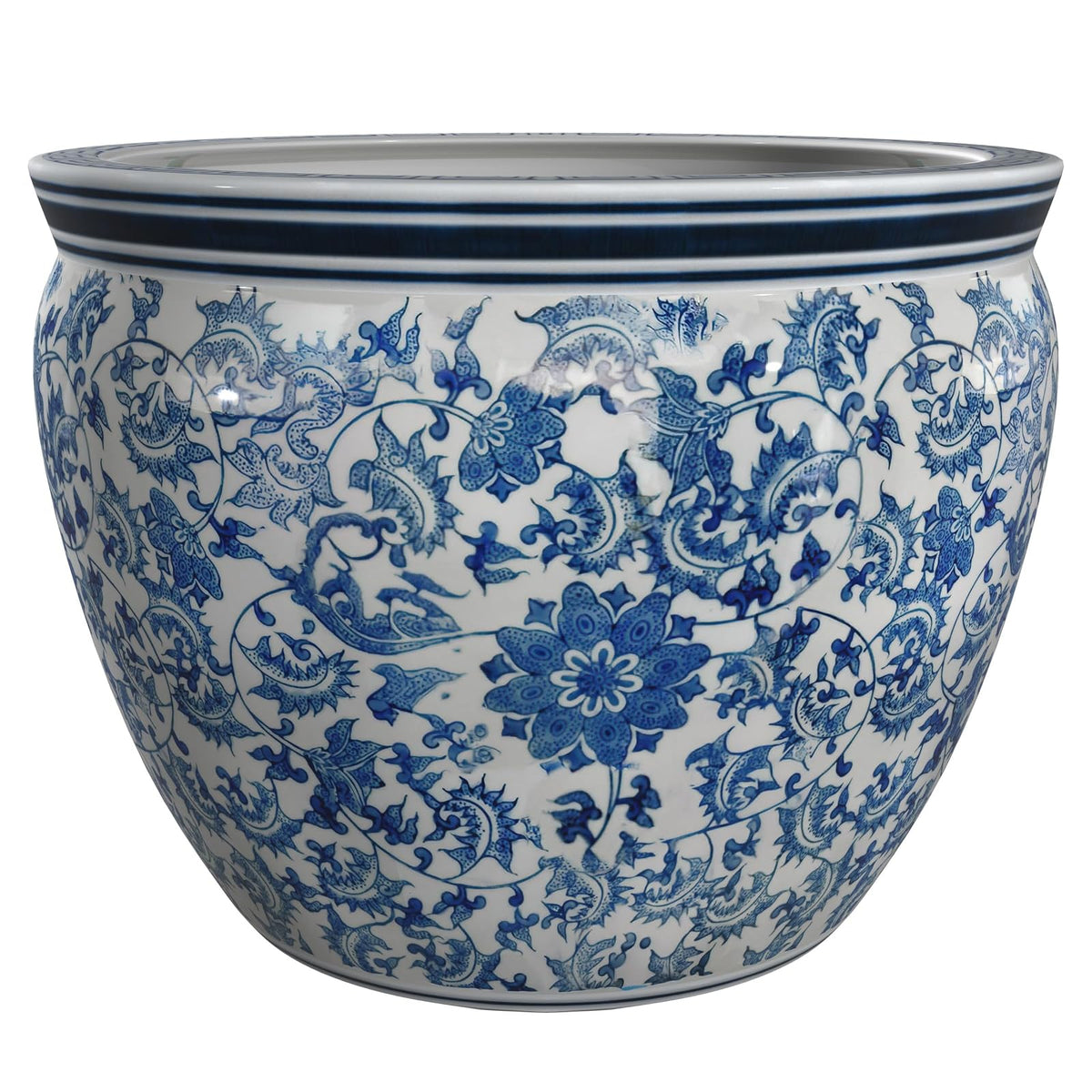 Oriental Furniture Classic Asian Indoor Planter Pot, 16-Inch Fine Chinese Export Porcelain Fishbowl, Ming Blue and White Floral Design