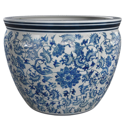 Oriental Furniture Classic Asian Indoor Planter Pot, 16-Inch Fine Chinese Export Porcelain Fishbowl, Ming Blue and White Floral Design
