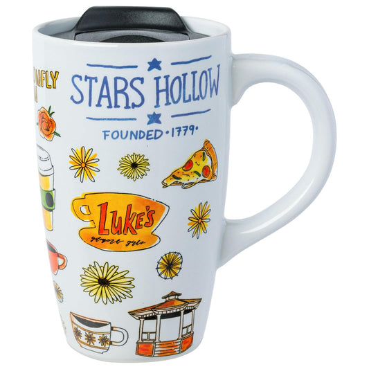 Silver Buffalo Gilmore Girls Stars Hallow Destination - Taza de viaje de cerámica de 16 onzas con tapa